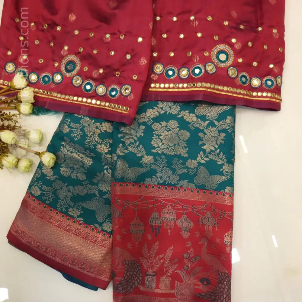 rama blue and Rani rose bordered silk saree