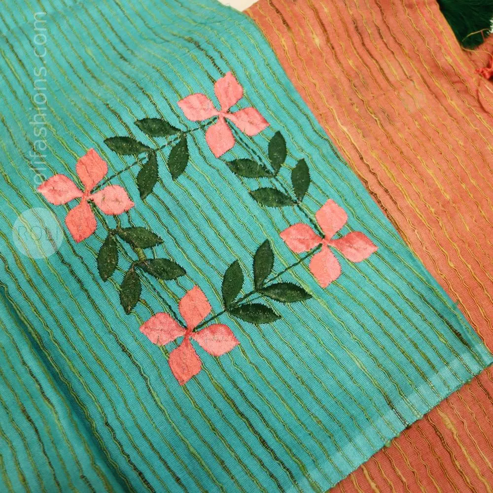 Terracotta Peach saree with Teal Blue blouse