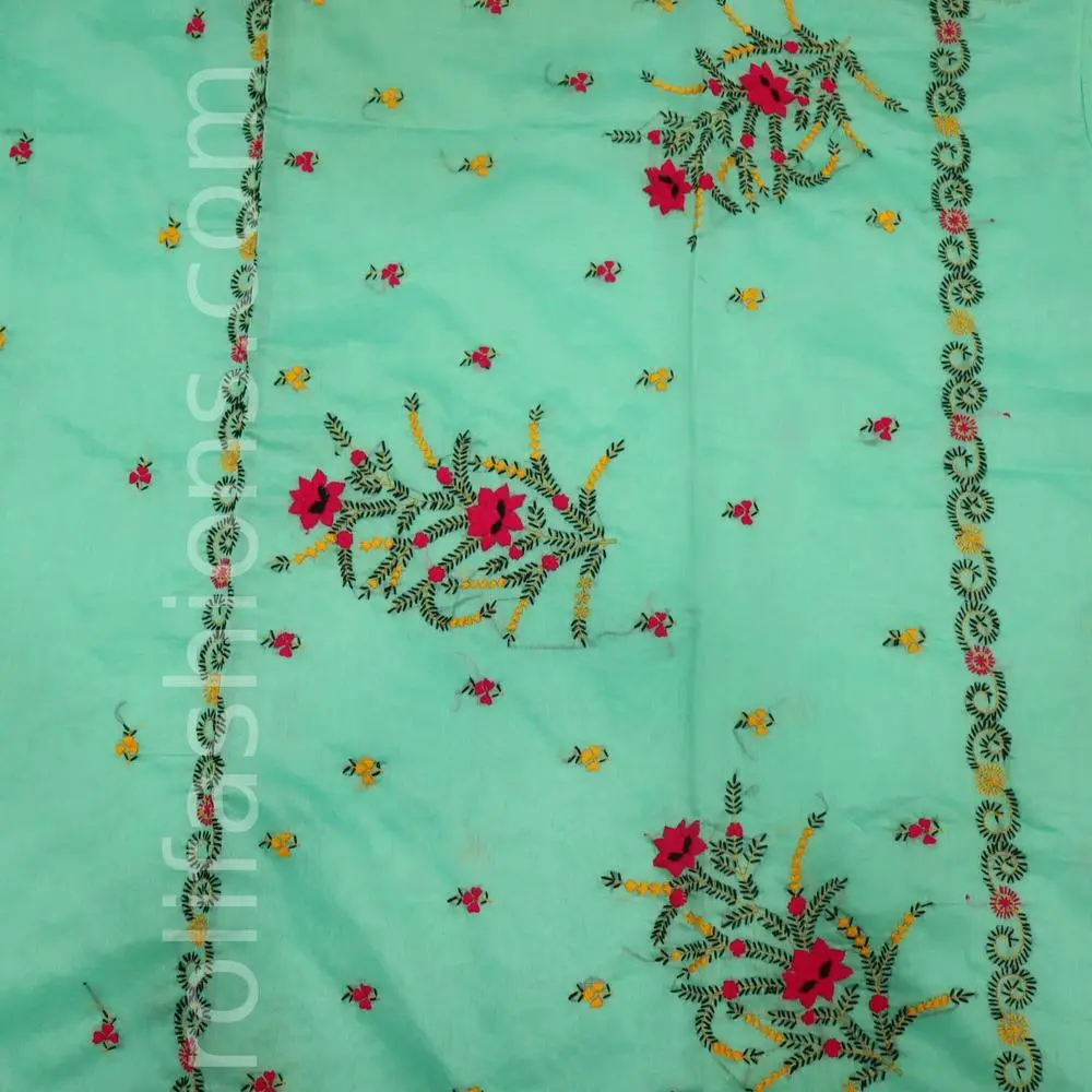 Pastel blue with red floral Thread handwork