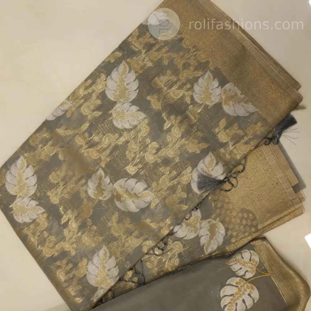 Stunning celebrity grey saree with  silver border
