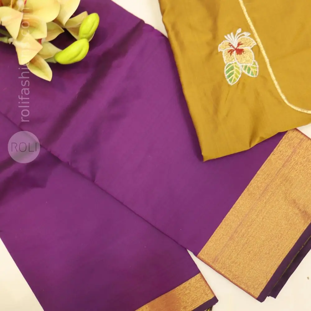 Violet saree with dried mehndi blouse