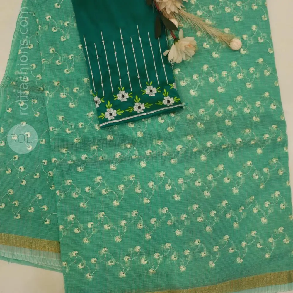 soft aqua blue (sea green) body with delicate off-white floral embroidery,rich peacock green blouse