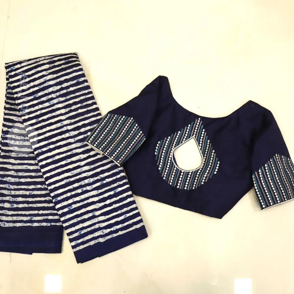 Navy blue and white stripes tusser saree