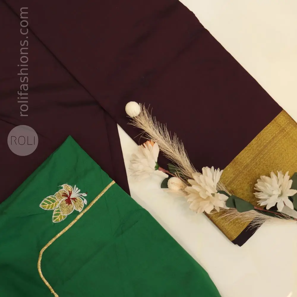 coffee Brown with Dar green pallu and blouse