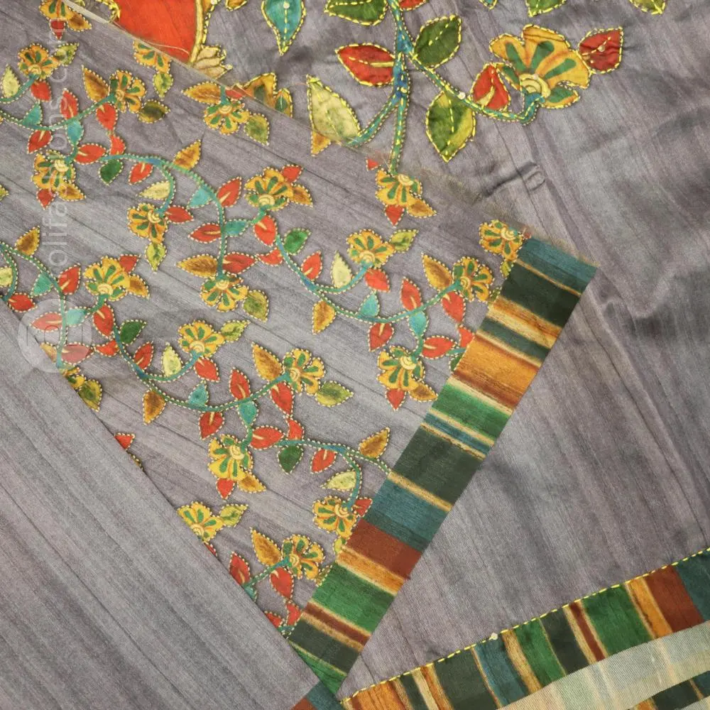 Celebrity Grey saree with kantha hand work