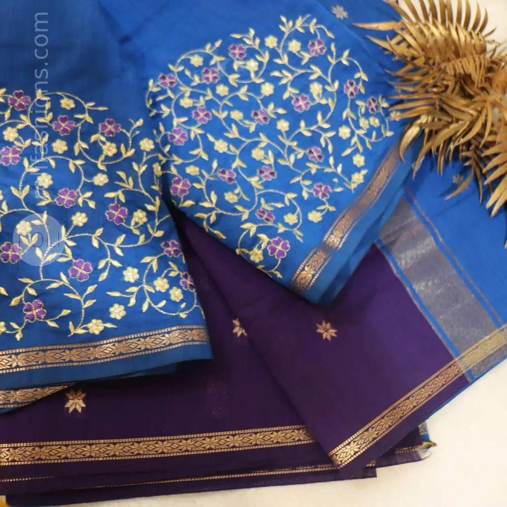 Indigo saree with Trypan blue pallu 