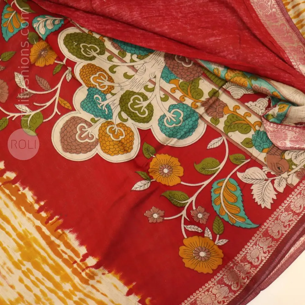 Mustard shibhori printed saree with maroon border