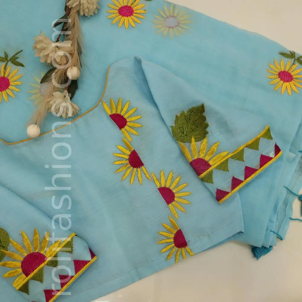 Sky Blue saree with overall sunflower embroidery and with Blue tassels