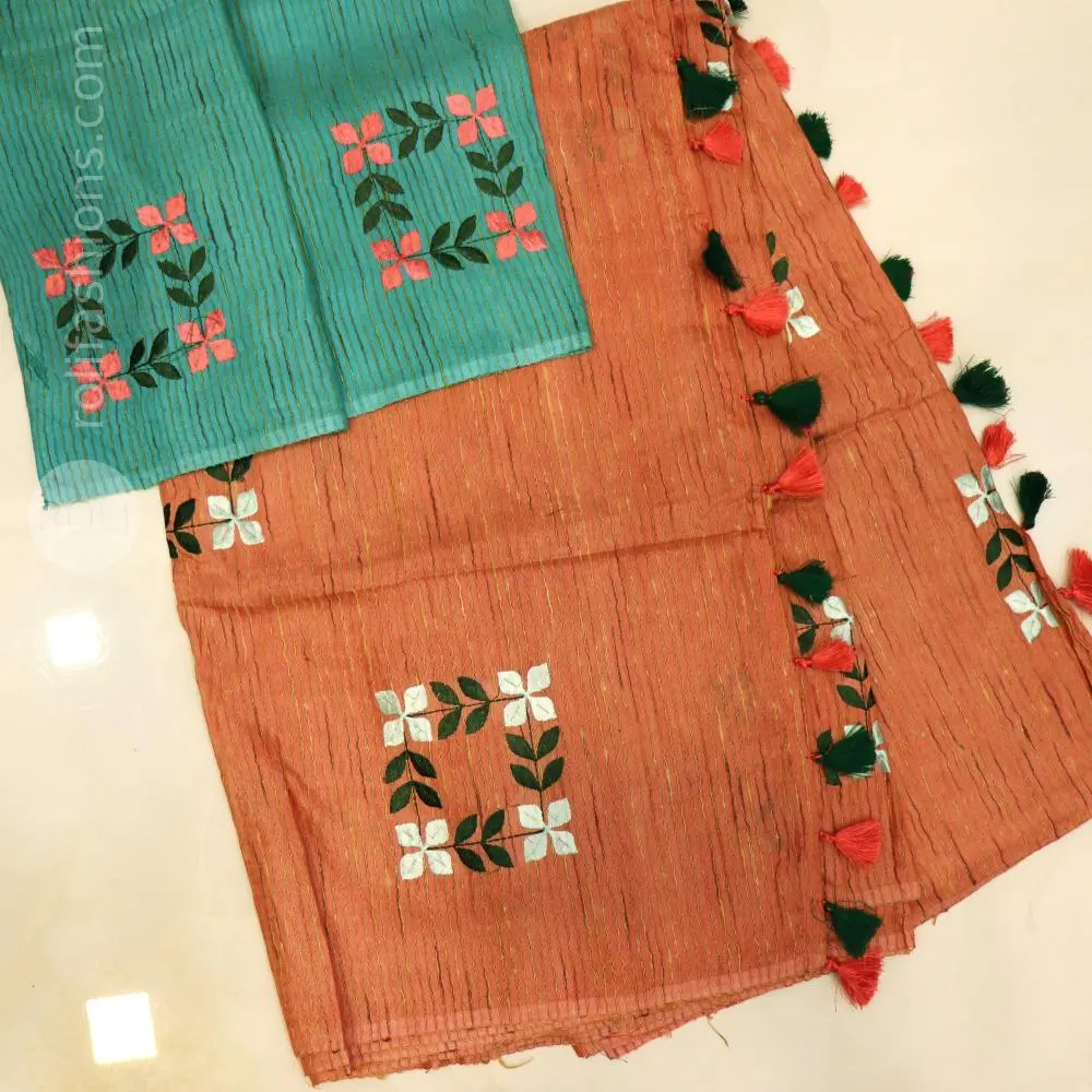 Terracotta Peach saree with Teal Blue blouse