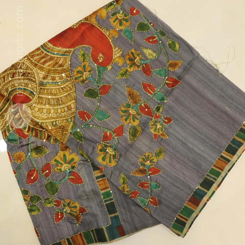 Celebrity Grey saree with kantha hand work