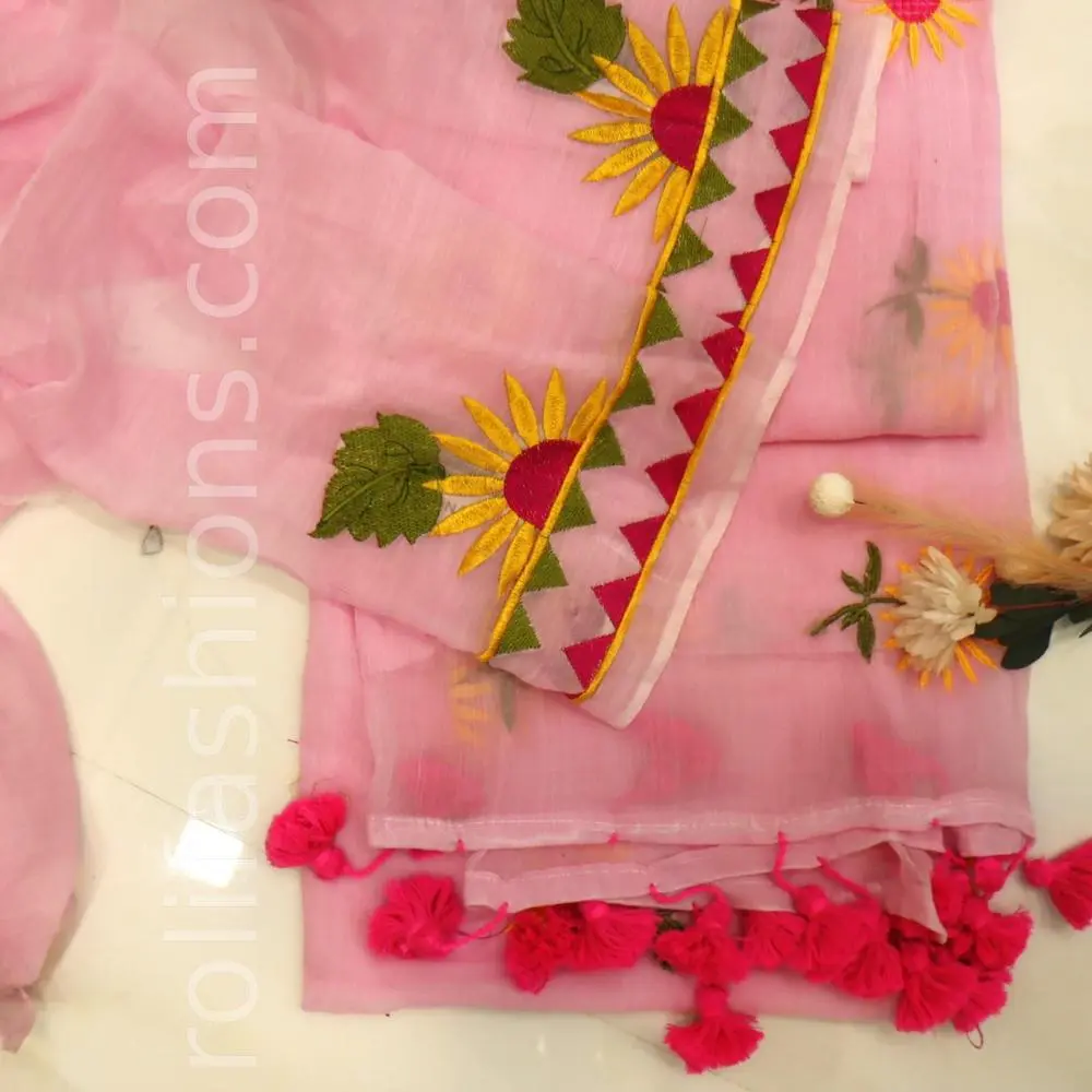 Milky pink saree with overall sunflower embroidery and with tassels