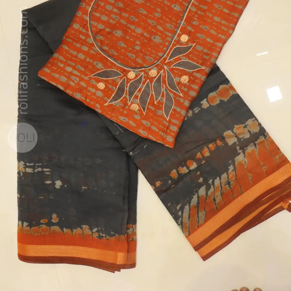 Rich charcoal grey shade with artistic abstract print detailing in rust orange