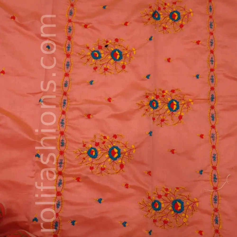 Peach saree with Blue thread hand work