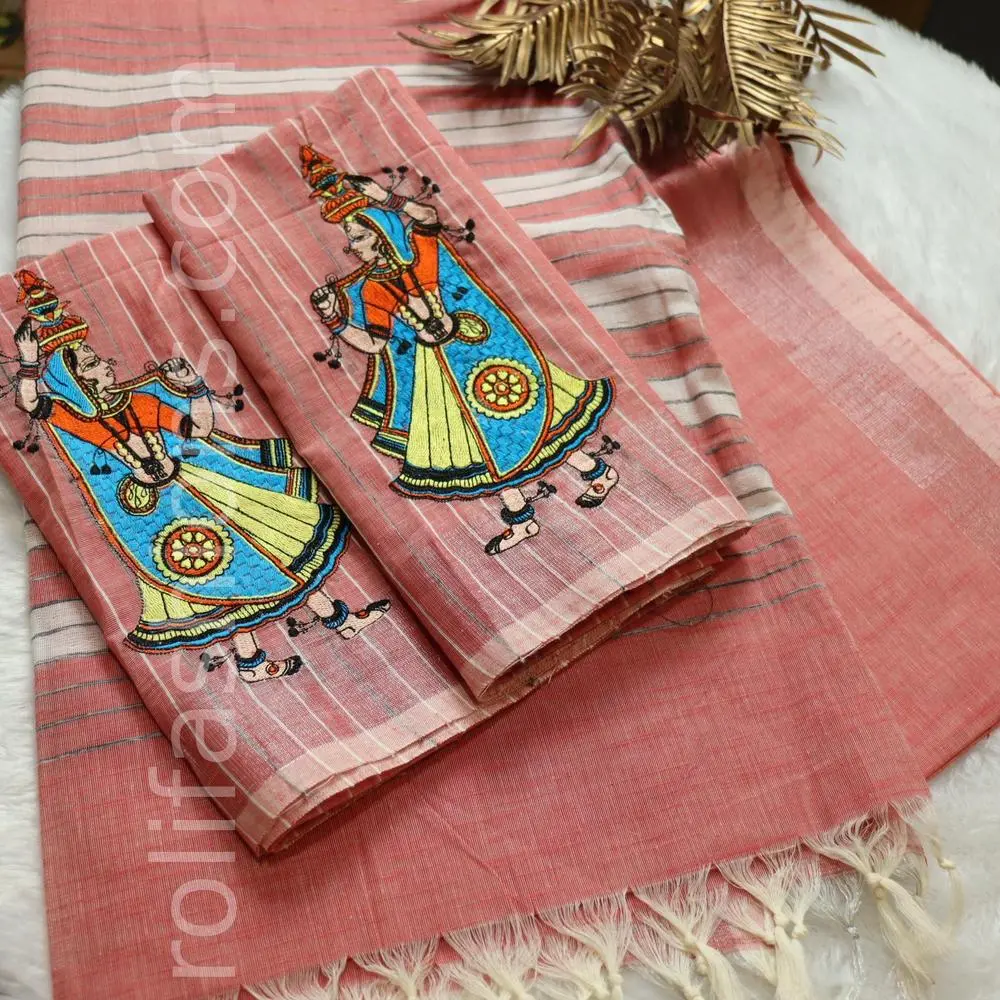 flemingo peach saree with doll designer blouse