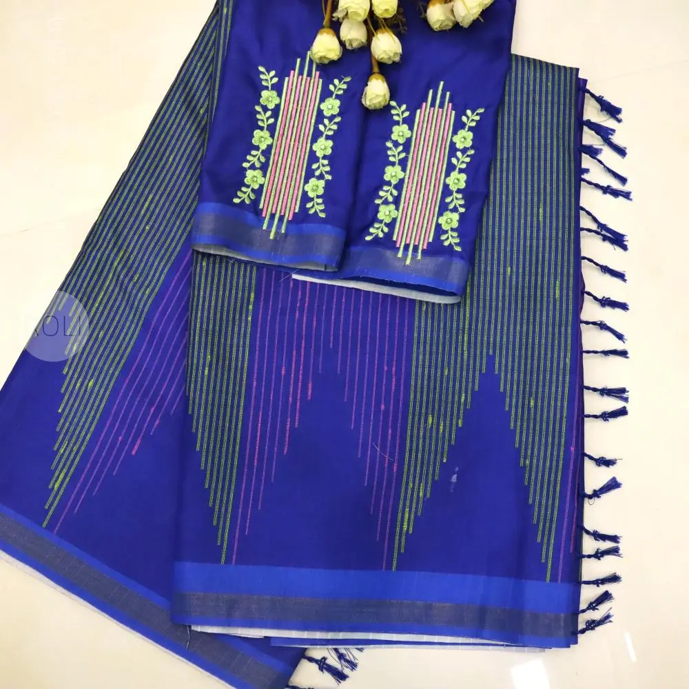 Deep cobalt blue with striking soft pink and green stripes