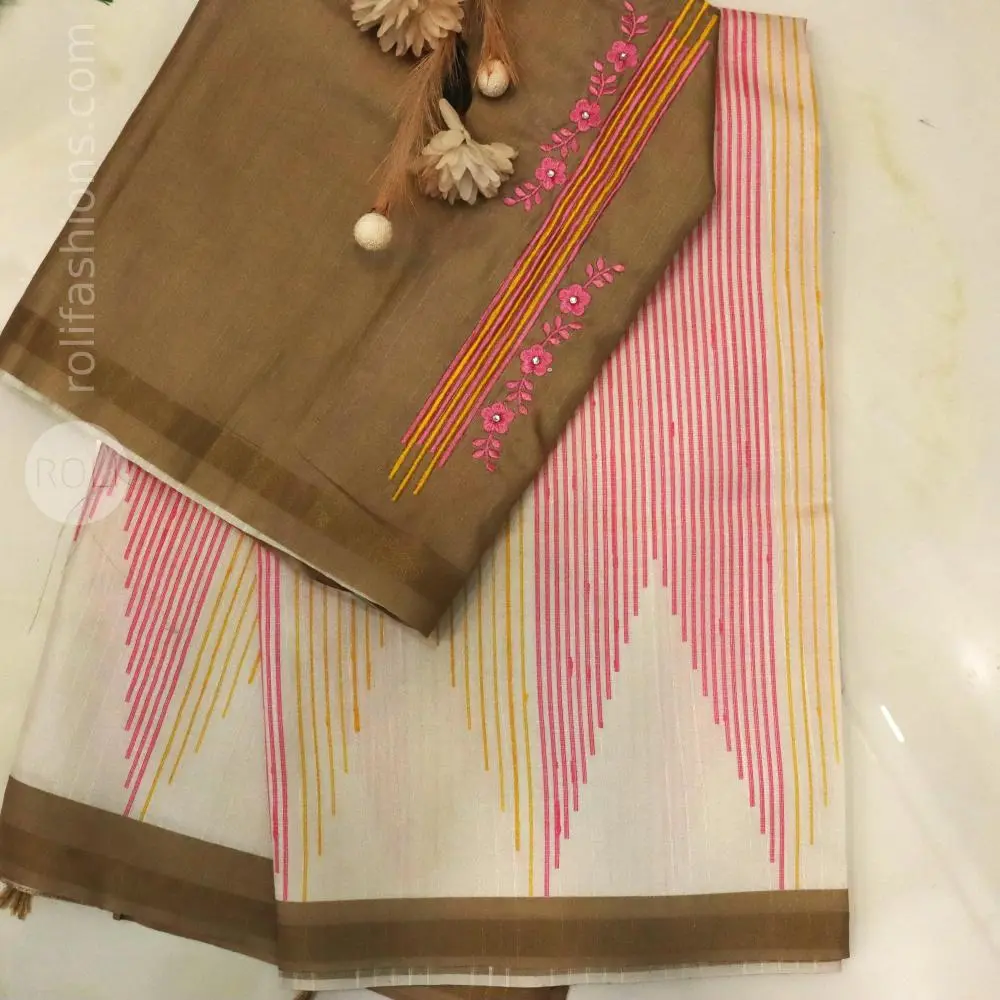 Soft ivory with a warm coffee-beige brown border