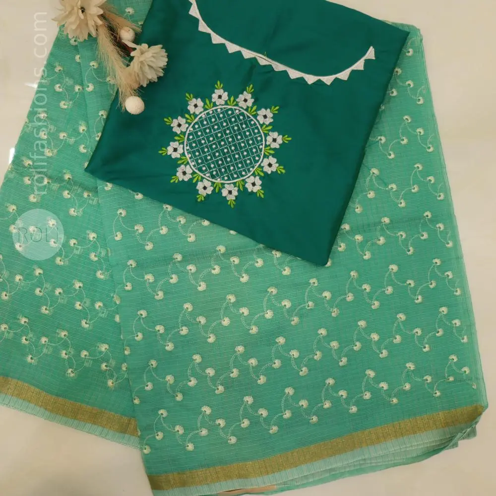 soft aqua blue (sea green) body with delicate off-white floral embroidery,rich peacock green blouse
