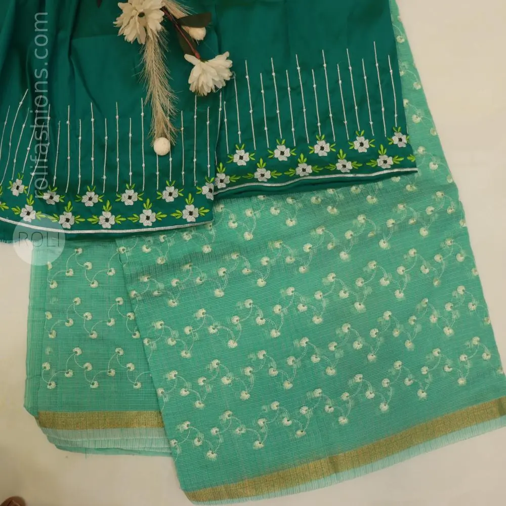 soft aqua blue (sea green) body with delicate off-white floral embroidery,rich peacock green blouse