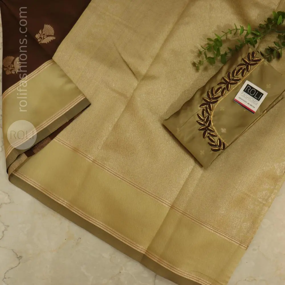 Coffee powder brown saree with light dried moss border