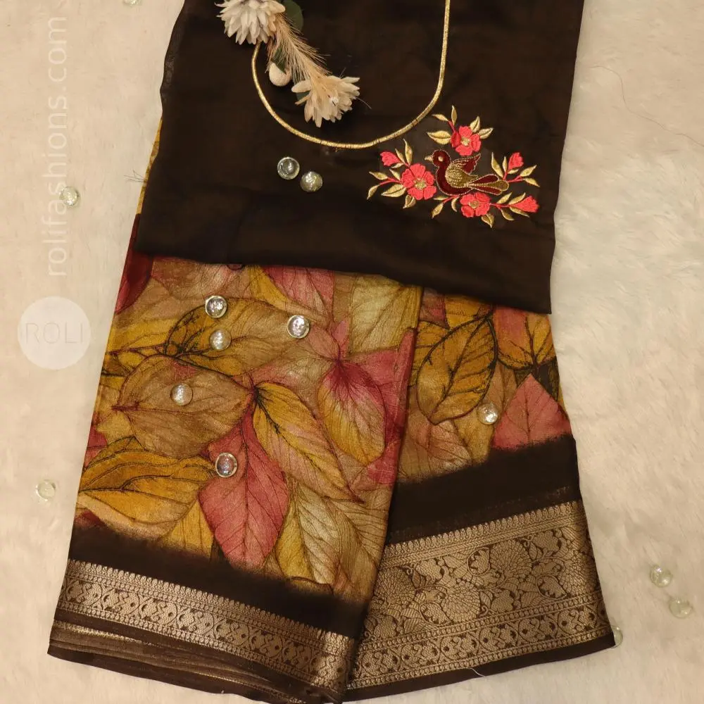 Dried yellow leaves with coffee Brown border