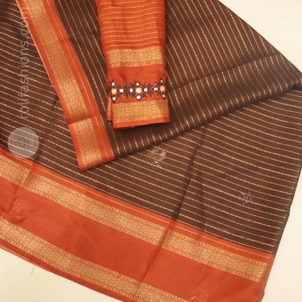 Cofee brown saree with rust orange border