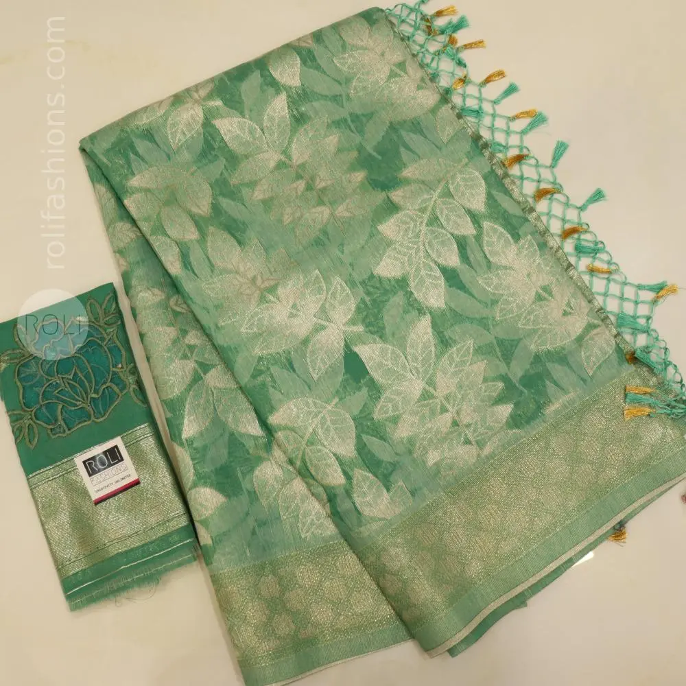 Stunning pastel green with silver and gold zari weaving