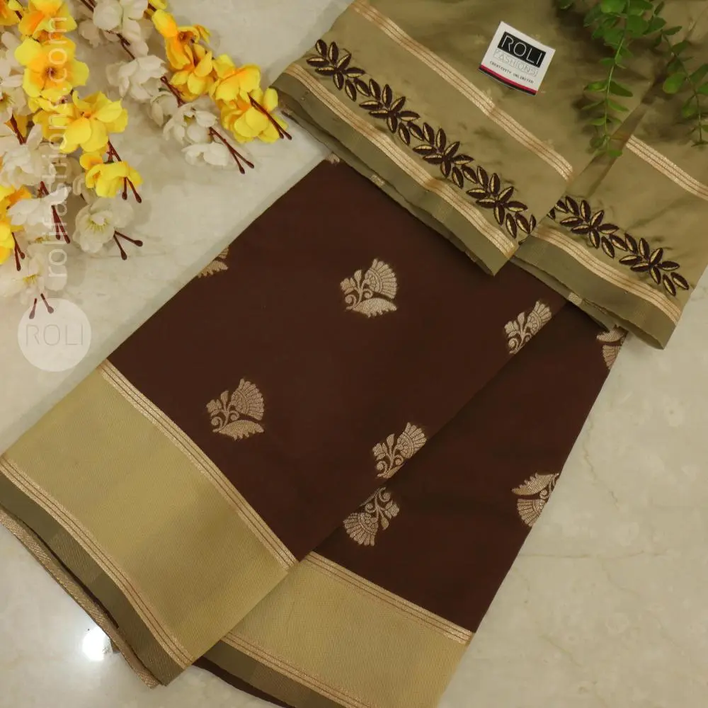 Coffee powder brown saree with light dried moss border
