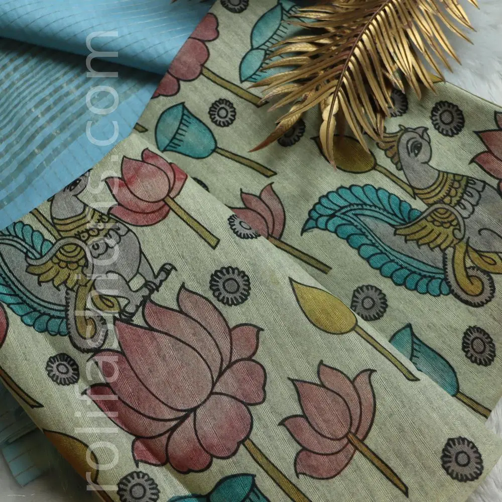 Electric blue saree with printed blouse