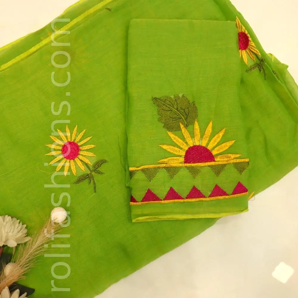 Parrot green saree with overall sunflower embroidery and with tassels