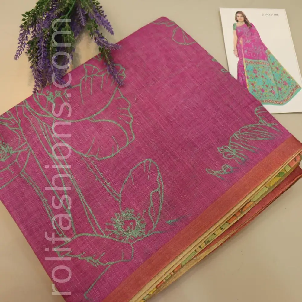 Pink  lenin fany saree and  pastel green pallu and blouse