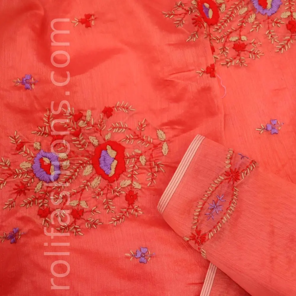 Pastel peach with lavender thread hand work