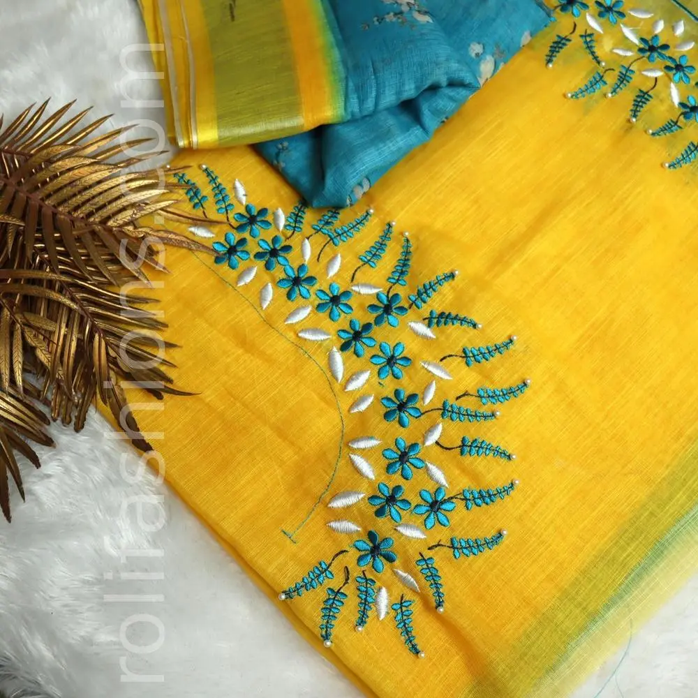 Losliya famous Blue and yellow Lenin cotton saree with designer blouse