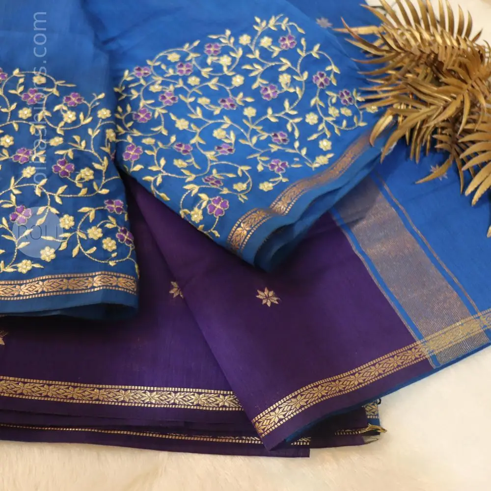 Indigo saree with Trypan blue pallu 