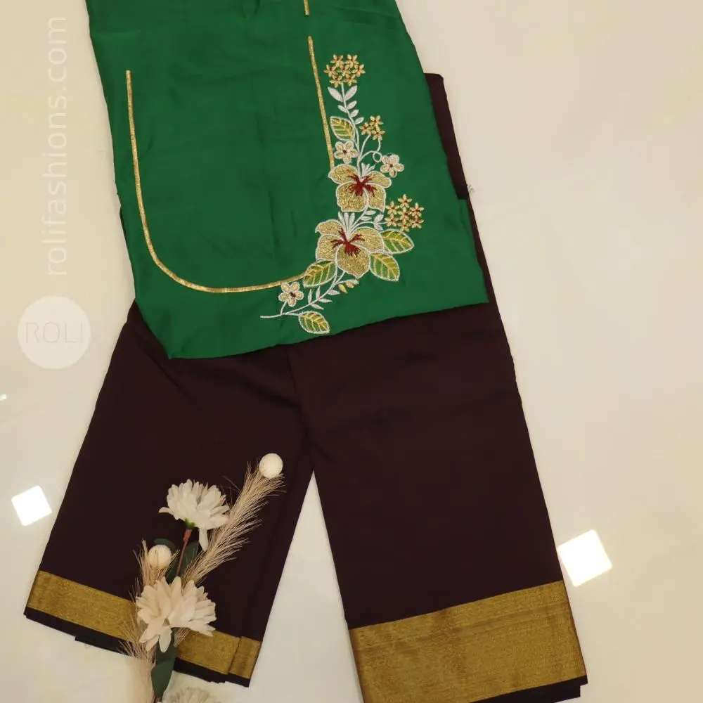 coffee Brown with Dar green pallu and blouse