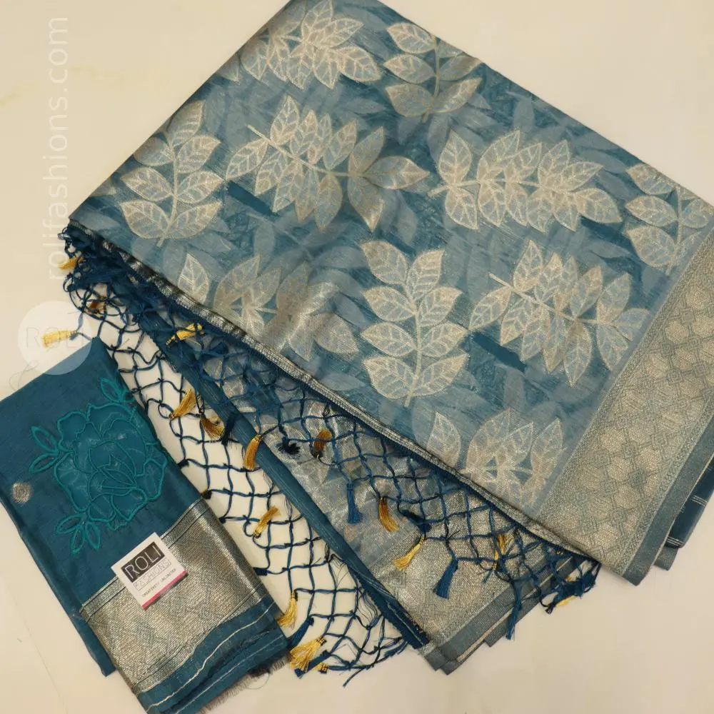Stunning sea blue with silver and gold zari weaving