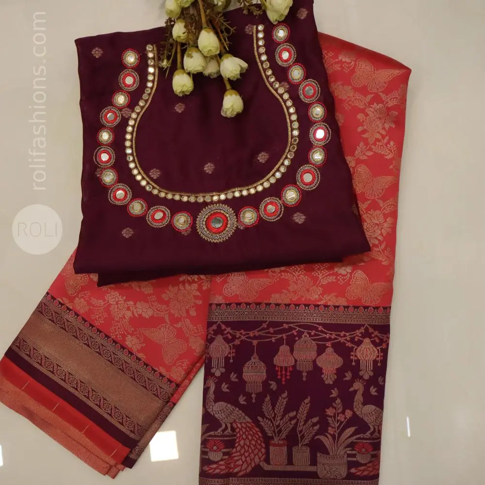 Rust orange with wine border silk saree