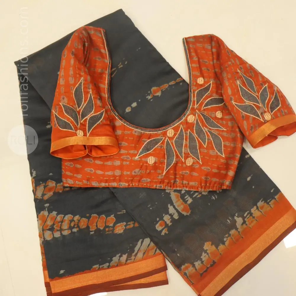 Rich charcoal grey shade with artistic abstract print detailing in rust orange