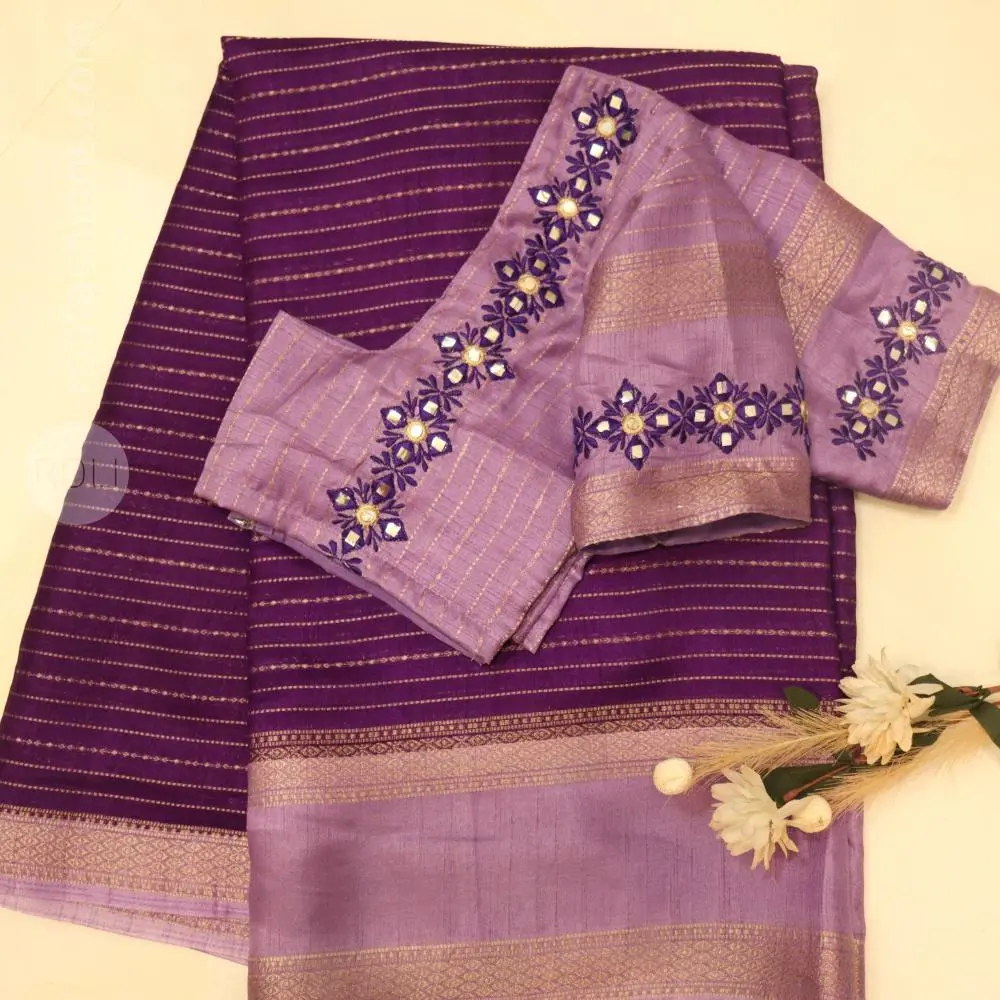 Violet and purple Saree with mirror work designer blouse