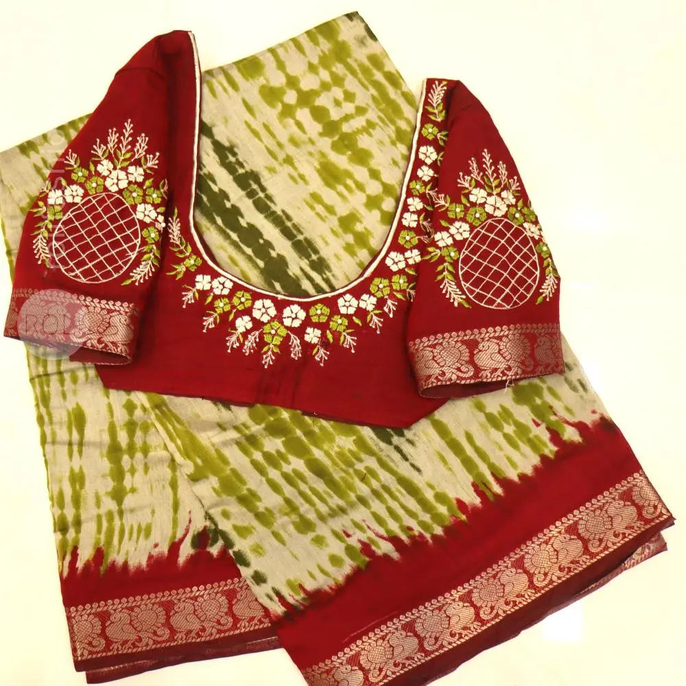 Mustard shibhori printed saree with maroon border