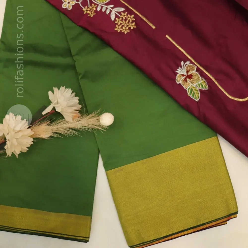 Gram green with maroon pallu and blouse