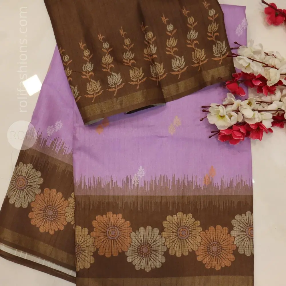 Rich chocolate brown paired with a soft lavender,lilac