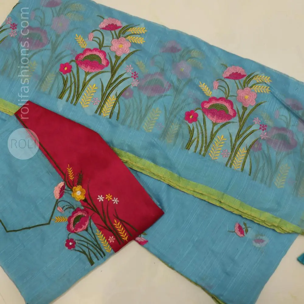 Nevy blue saree in floral embroidery and patterned with pink fabric