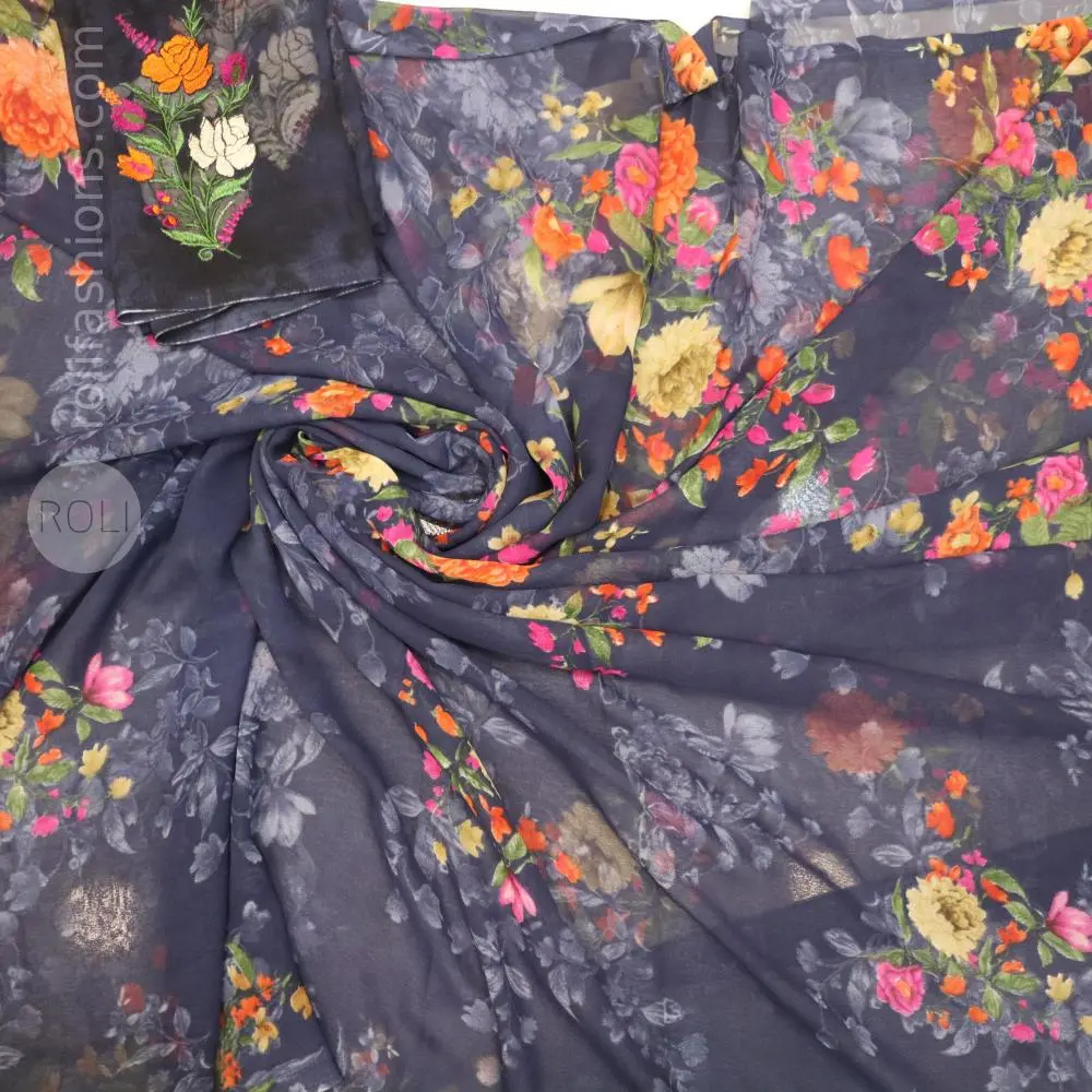 Elegant Charcoal Grey Floral Printed Saree with Embroidered Designer Blouse