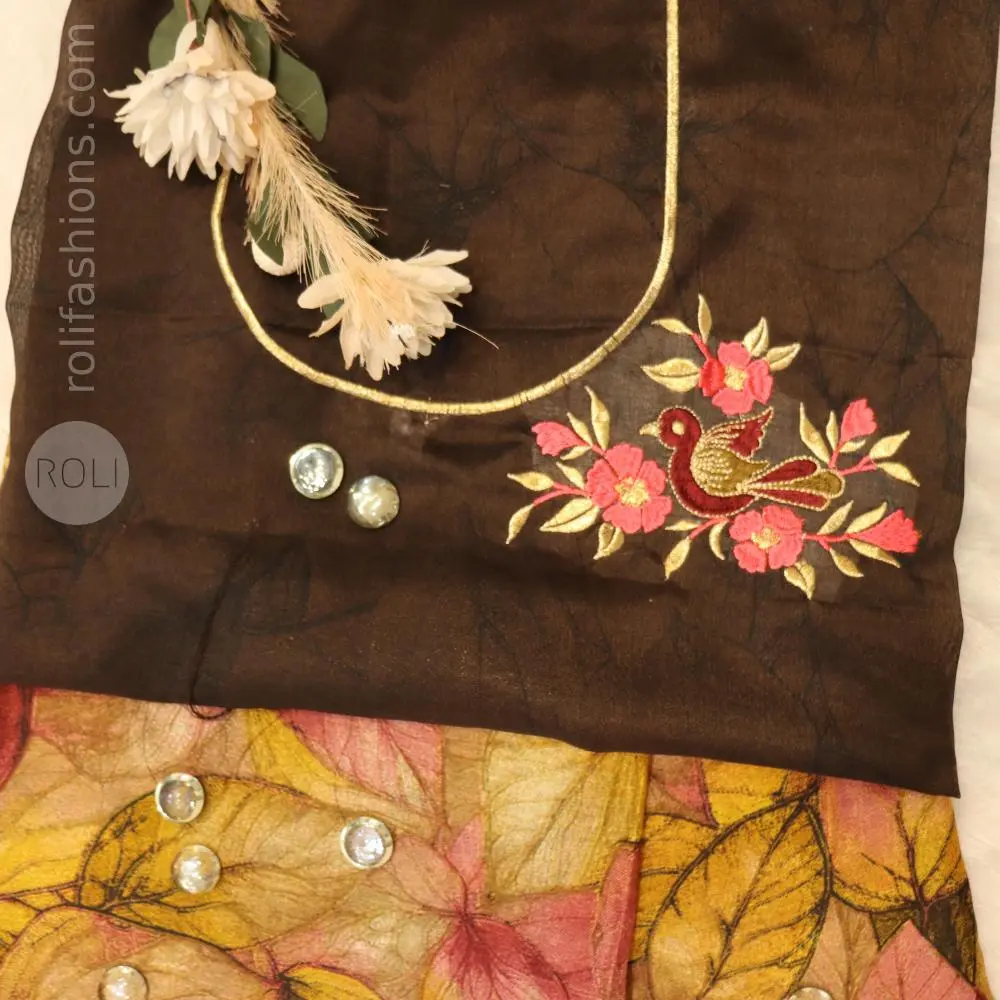 Dried yellow leaves with coffee Brown border