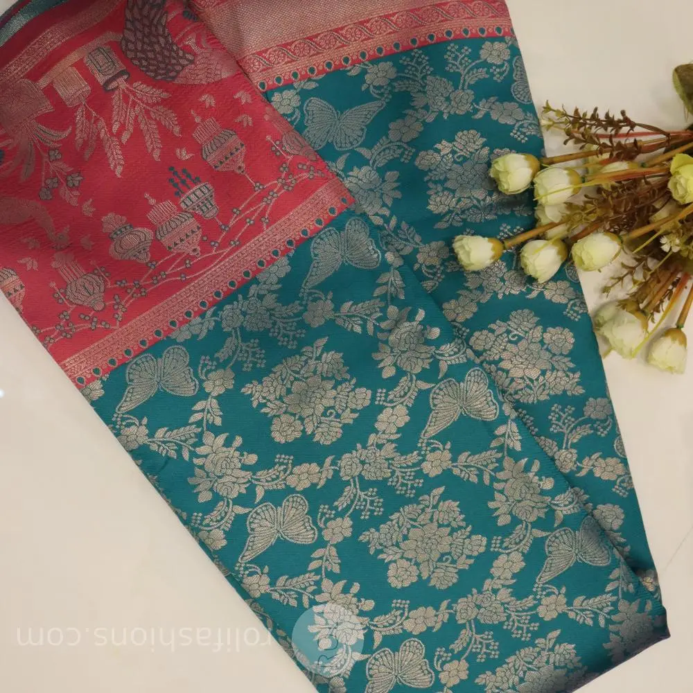 rama blue and Rani rose bordered silk saree