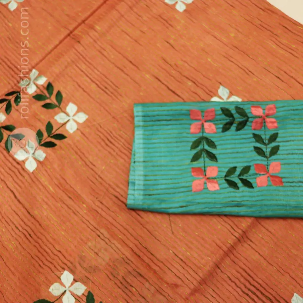 Terracotta Peach saree with Teal Blue blouse