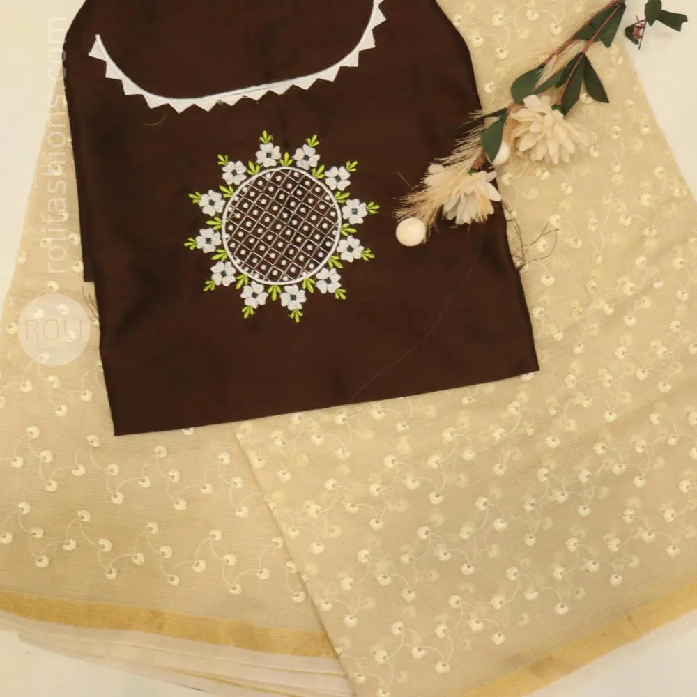 soft beige body with delicate off-white floral embroidery,deep chocolate brown blouse