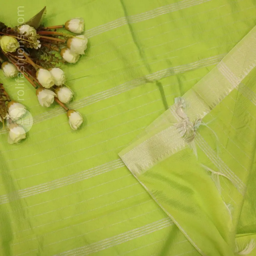 Fresh lime green / parrot green shade with silver zari border