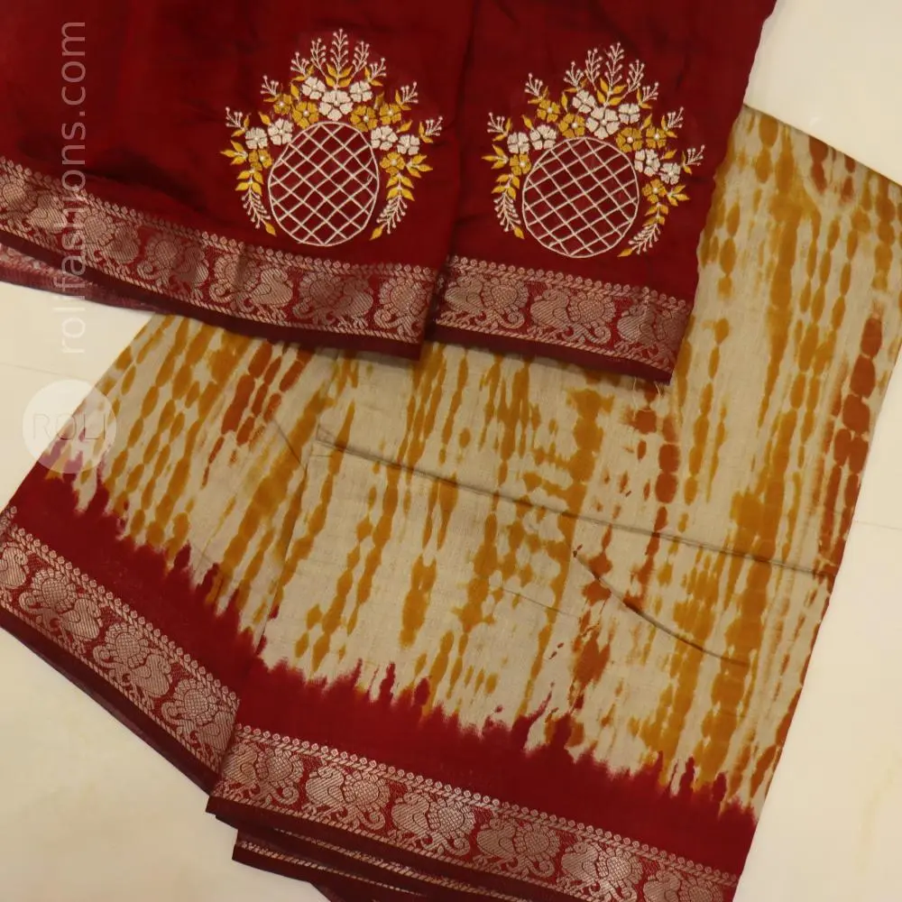 Mustard shibhori printed saree with maroon border