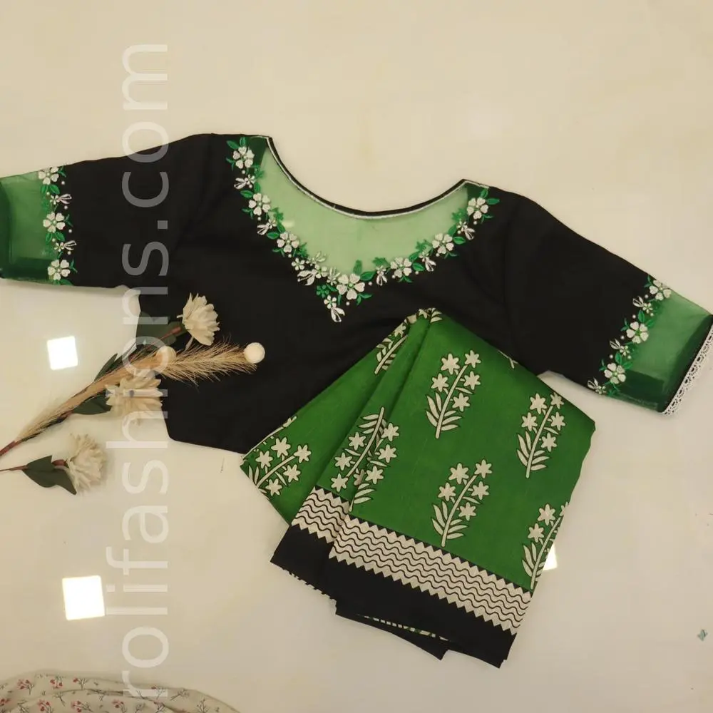 Green and Black saree with network designer blouse(unstitched)